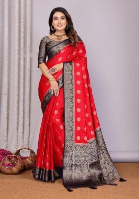 Red Printed Satin Saree Set