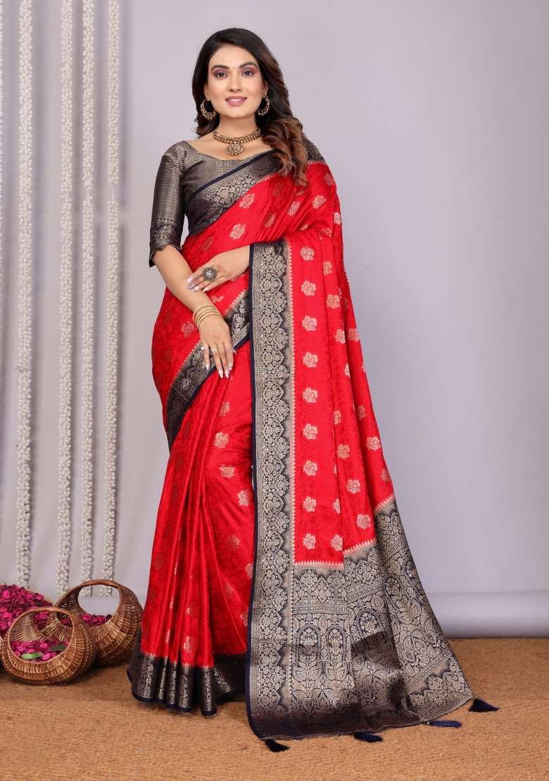Red Satin Saree Set with Printed for Diwali | Wedding & Festive Wear - Indya
