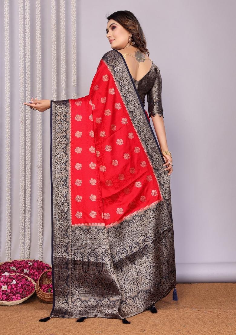 Red Printed Satin Saree Set