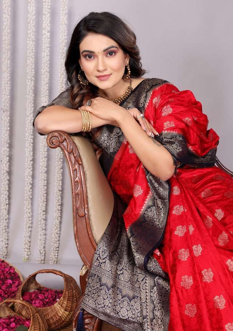 Red Satin Saree Set with Printed for Diwali | Wedding & Festive Wear - Indya