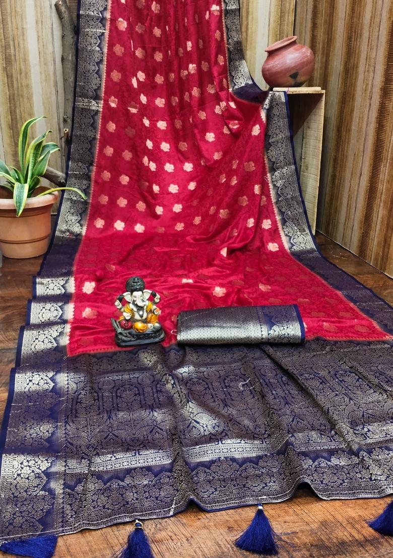 Red Printed Satin Saree Set