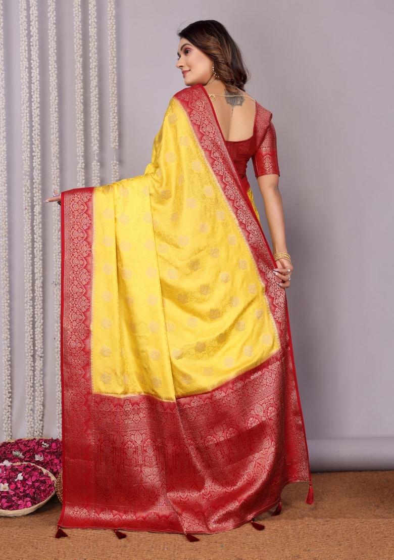 Yellow Printed Satin Saree Set