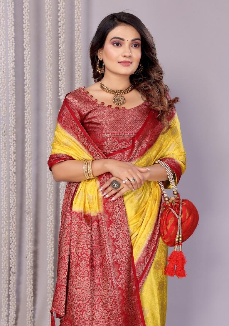 Yellow Printed Satin Saree Set