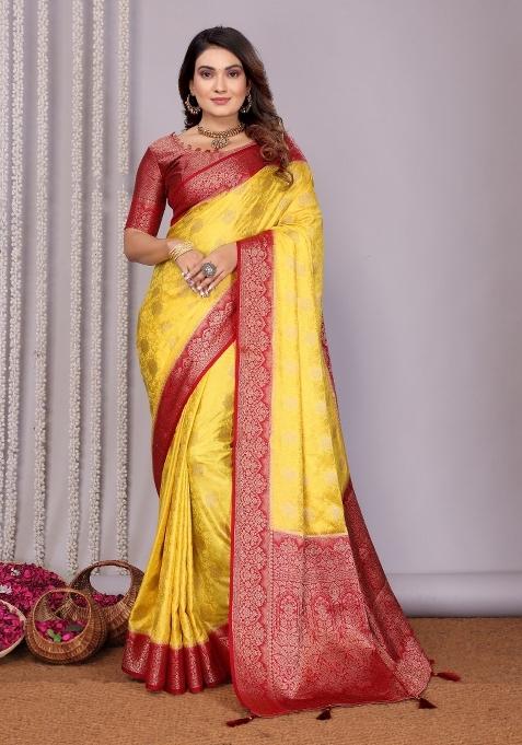 Yellow Printed Satin Saree Set