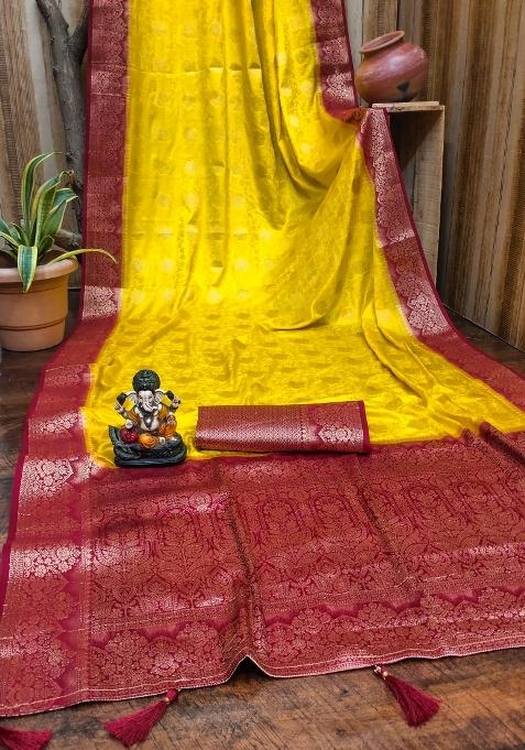Yellow Printed Satin Saree Set
