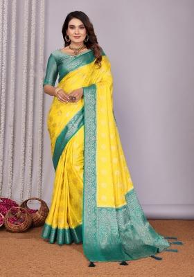 Yellow Printed Satin Saree Set