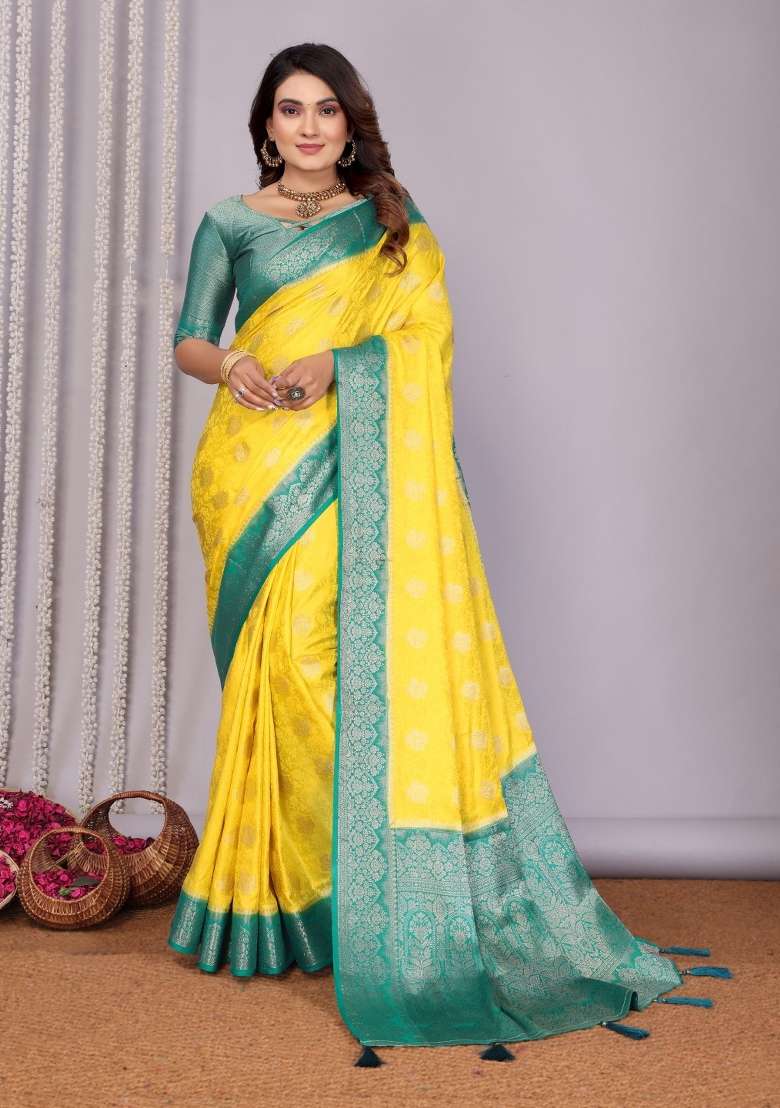 Yellow Satin Saree Set with Printed for Diwali | Wedding & Festive Wear - Indya