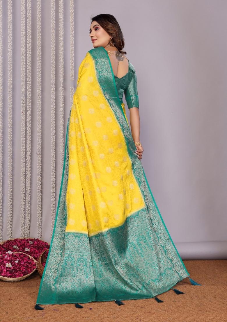 Yellow Printed Satin Saree Set
