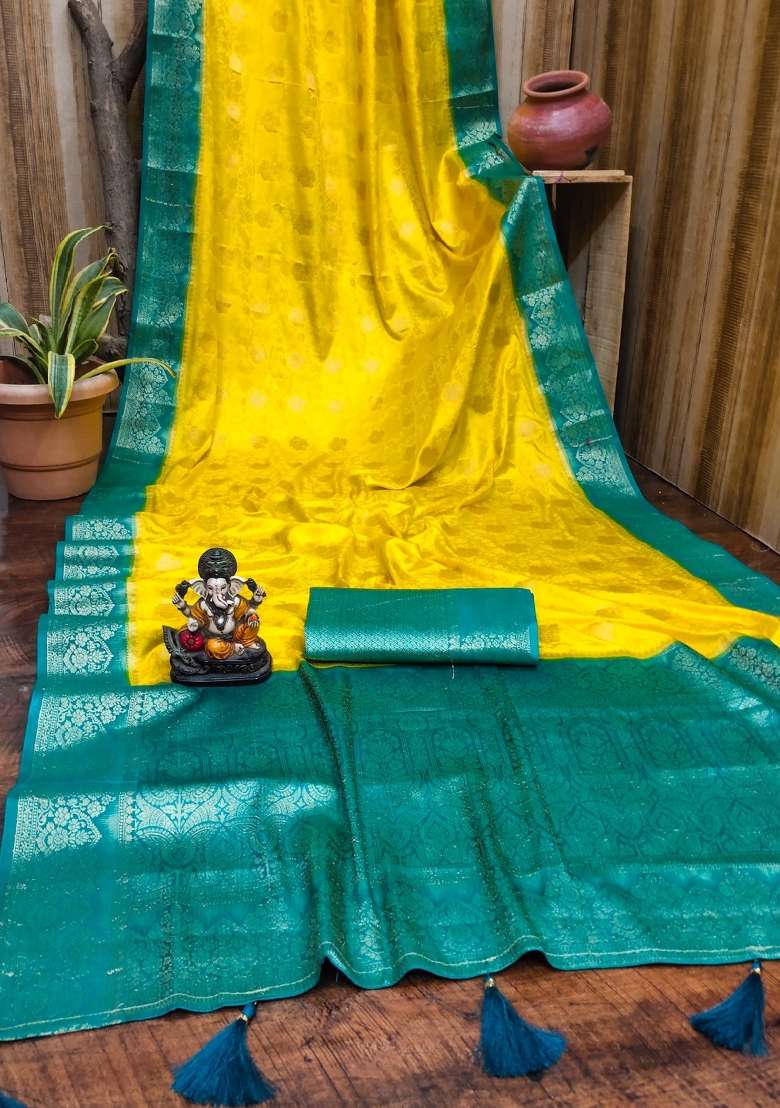Yellow Satin Saree Set with Printed for Diwali | Wedding & Festive Wear - Indya