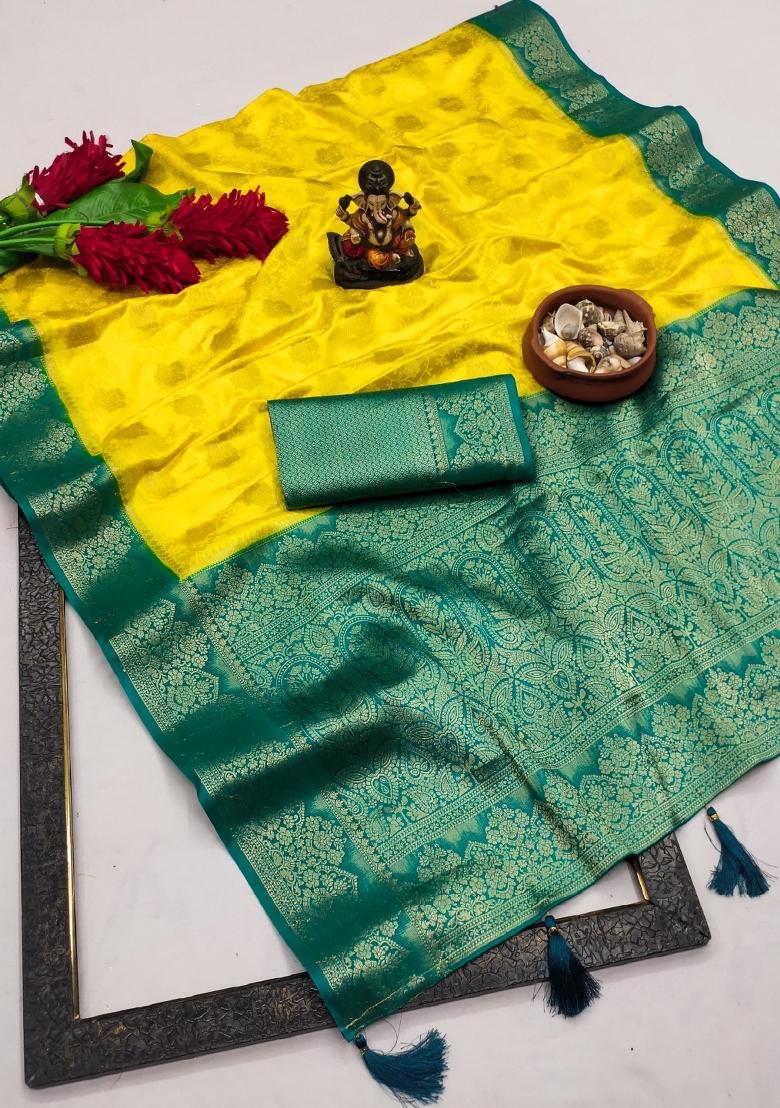 Yellow Printed Satin Saree Set