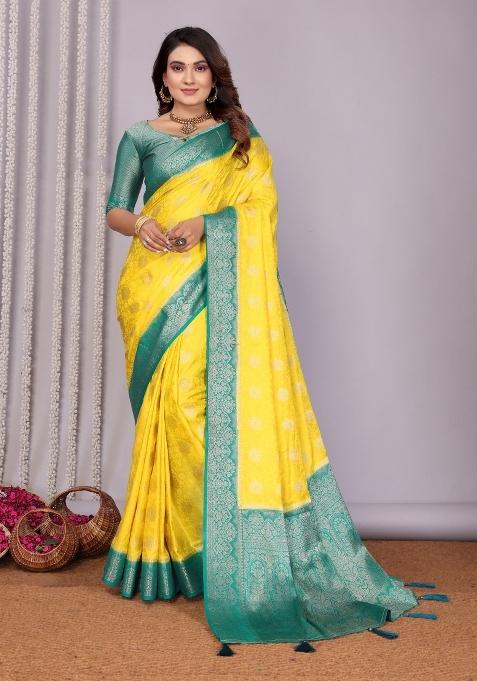 Yellow Printed Satin Saree Set