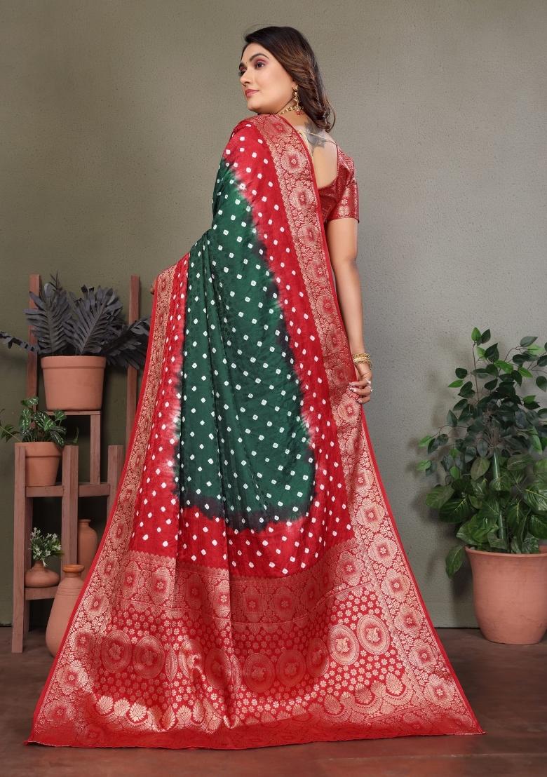 Dark Green Printed Satin Saree Set