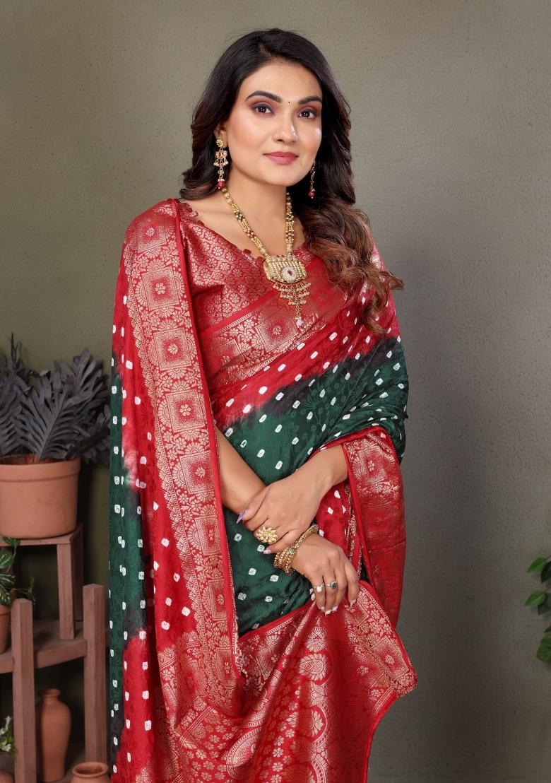 Dark Green Printed Satin Saree Set