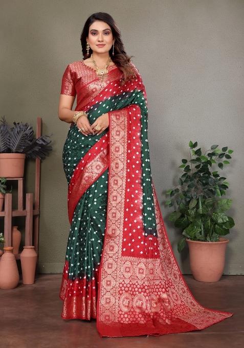 Dark Green Printed Satin Saree Set — view on Indya