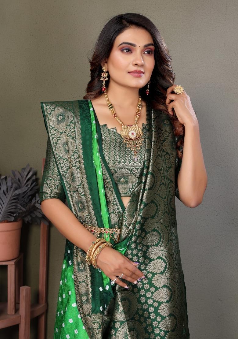 Light Green Printed Satin Saree Set