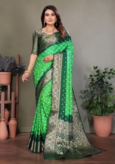 Light Green Printed Satin Saree Set