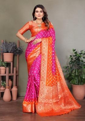 Pink Printed Satin Saree Set