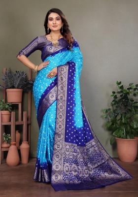 Blue Printed Satin Saree Set