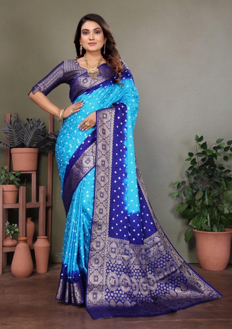 Blue Printed Satin Saree Set