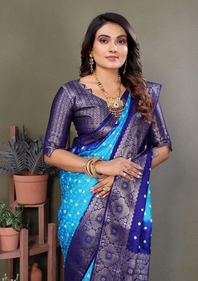 Blue Printed Satin Saree Set