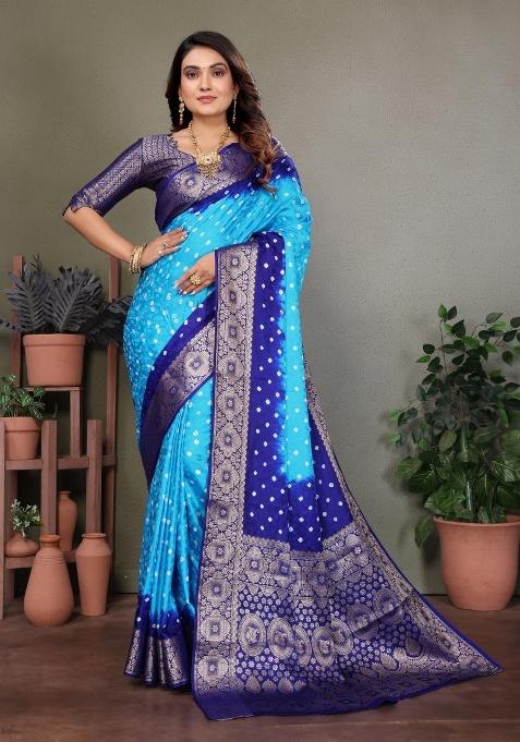 Blue Printed Satin Saree Set