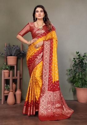 Yellow Printed Satin Saree Set