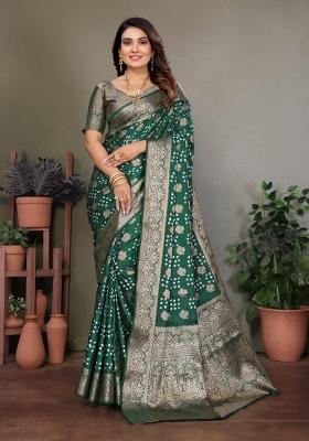 Dark Green Printed Satin Saree Set
