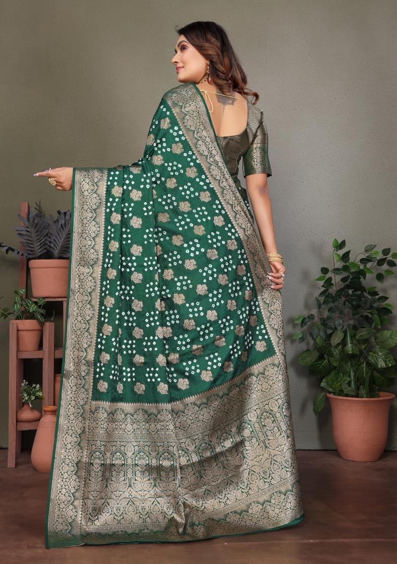 Dark Green Printed Satin Saree Set