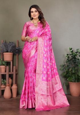 Pink Printed Satin Saree Set