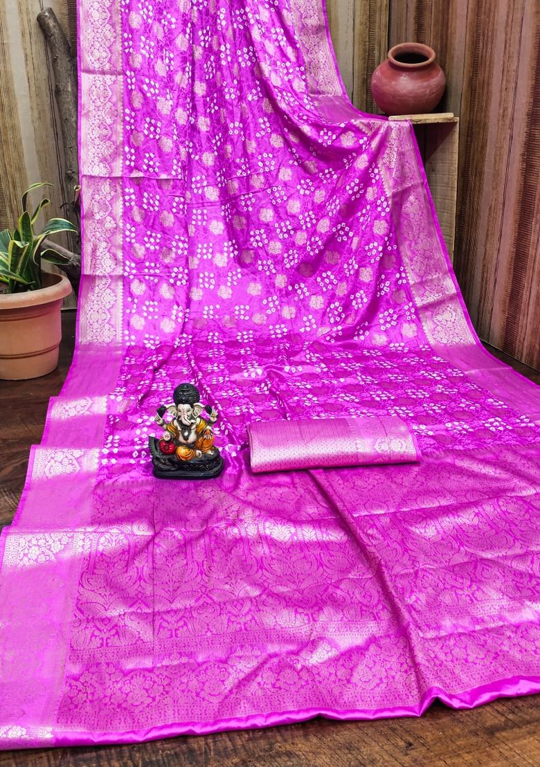 Pink Printed Satin Saree Set