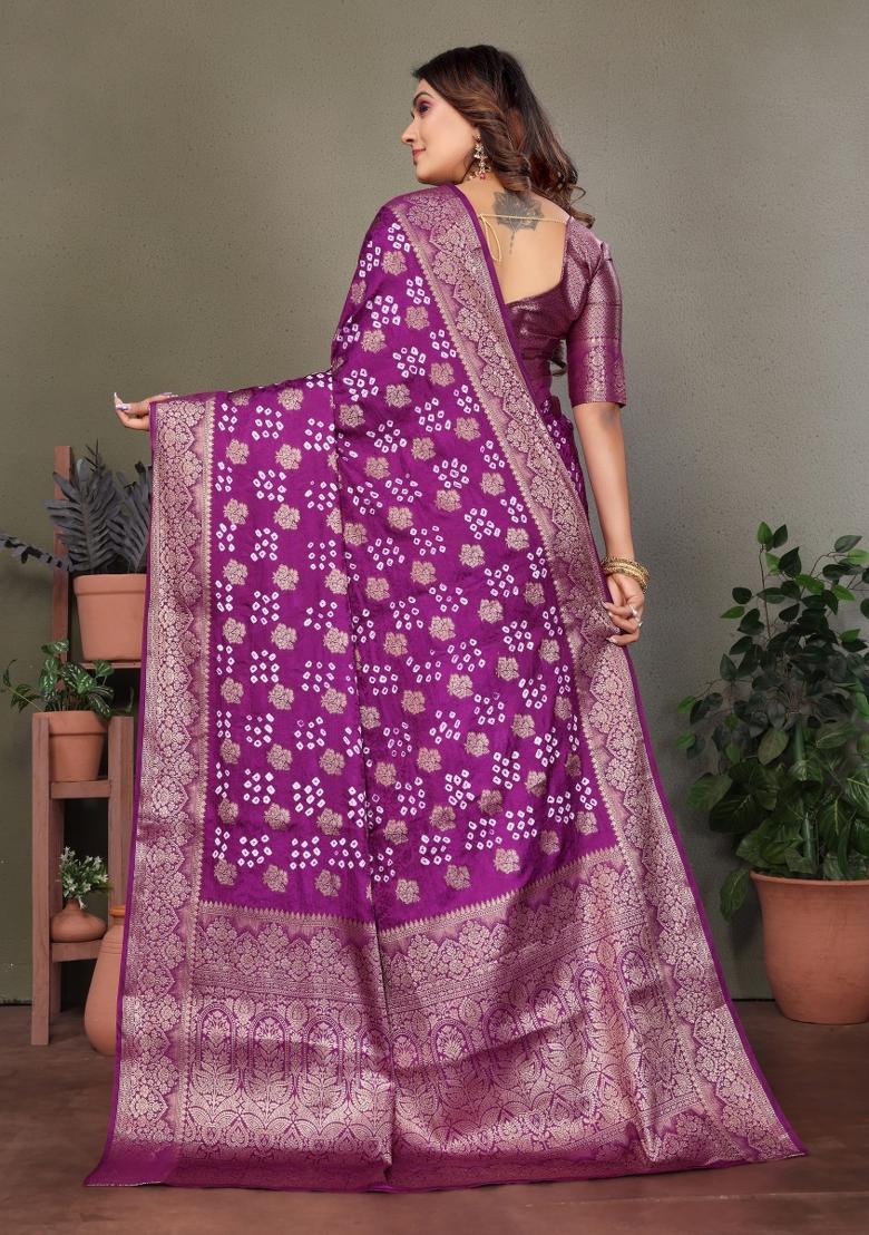 Purple Printed Satin Saree Set