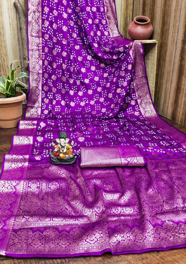 Purple Printed Satin Saree Set