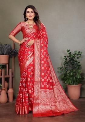 Red Printed Satin Saree Set