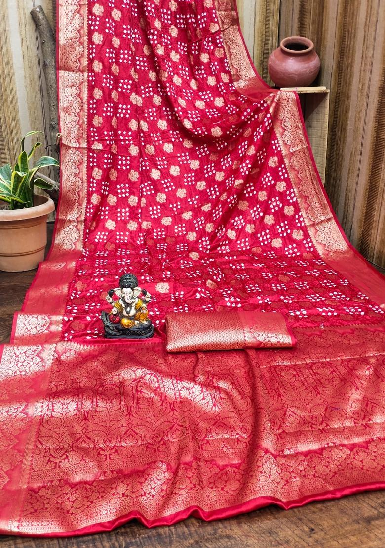 Red Printed Satin Saree Set