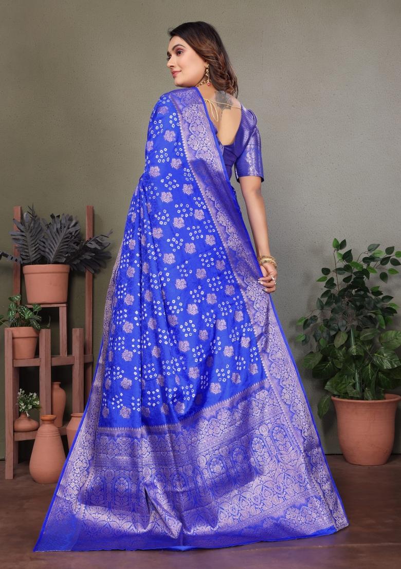 Blue Printed Satin Saree Set
