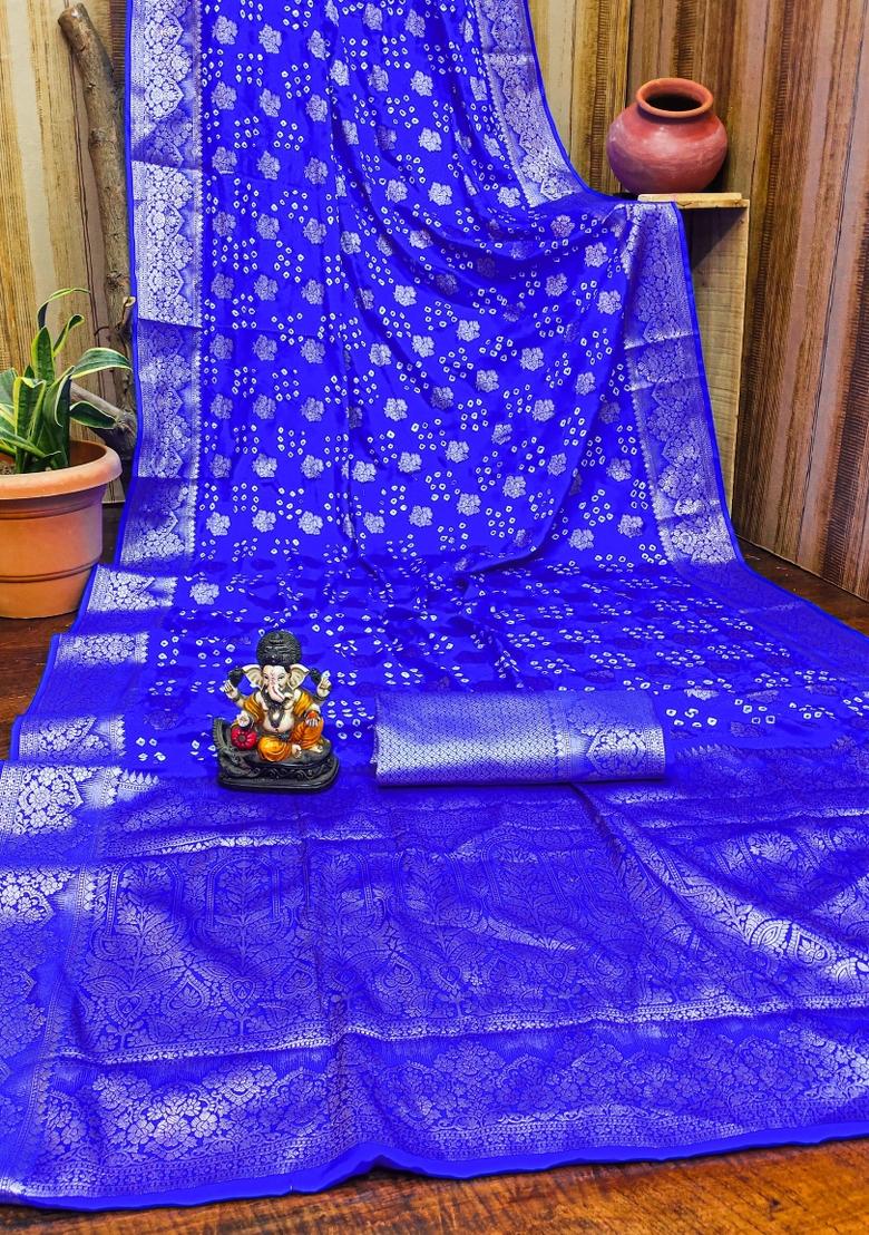 Blue Printed Satin Saree Set