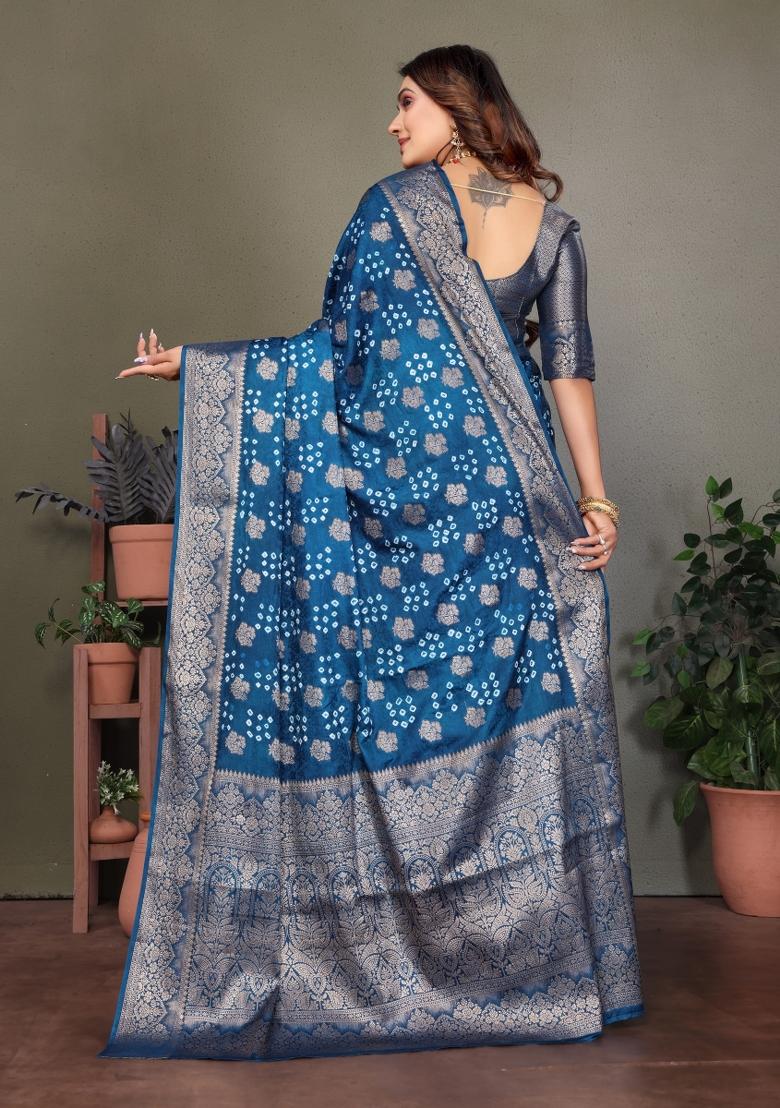 Teal Blue Printed Satin Saree Set