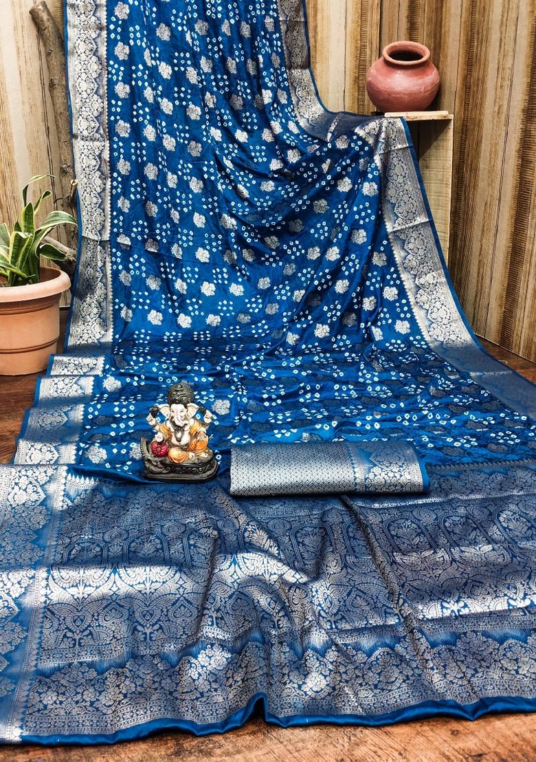 Teal Blue Printed Satin Saree Set