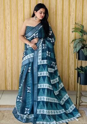 Aqua Blue Printed Linen Saree Set