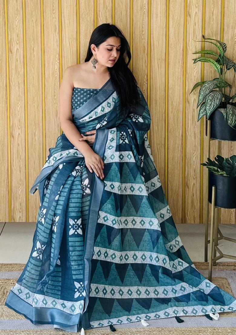 Aqua Blue Printed Linen Saree Set