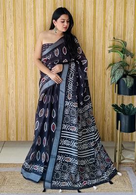 Black Printed Linen Saree Set