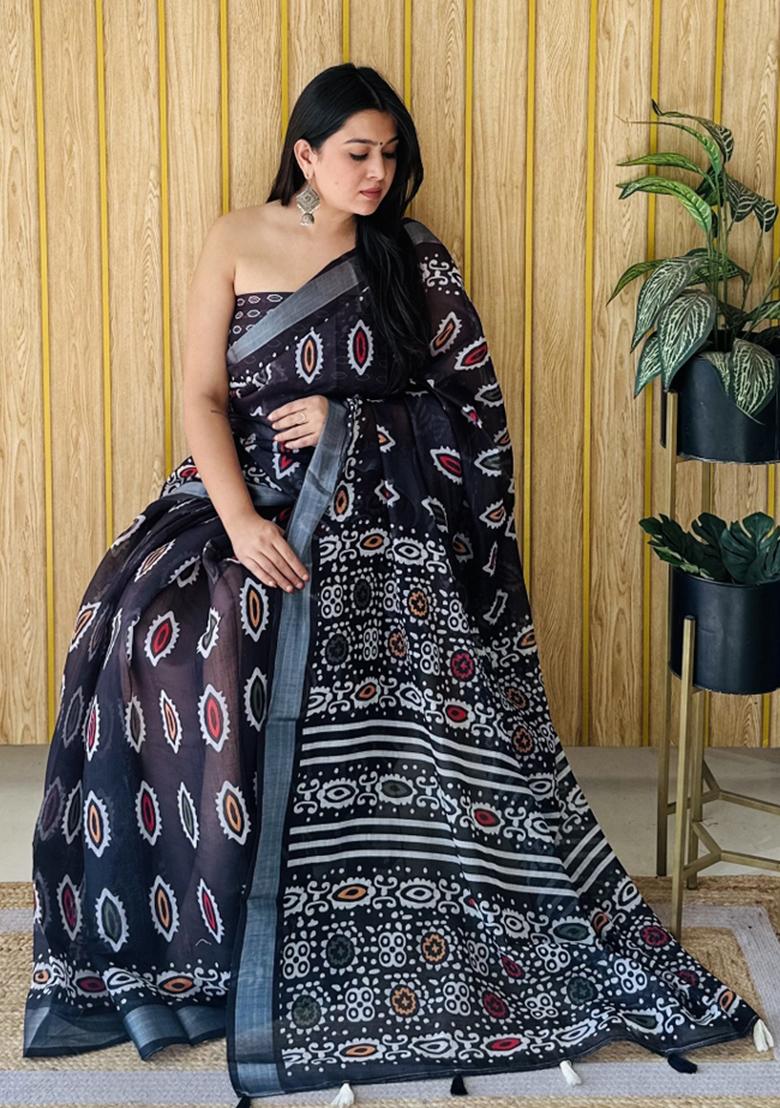 Black Printed Linen Saree Set