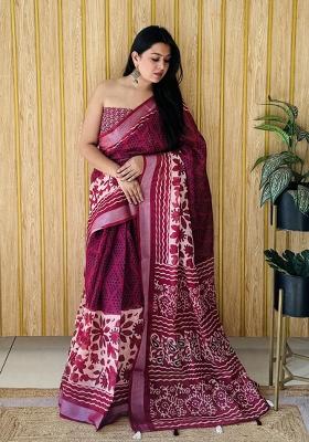 Maroon Printed Linen Saree Set
