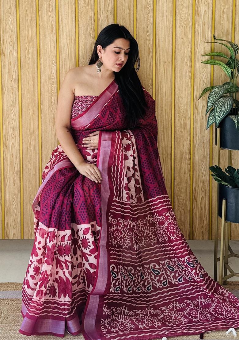 Maroon Printed Linen Saree Set