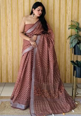 Brown Printed Linen Saree Set