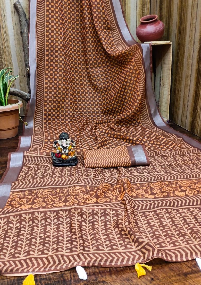 Brown Printed Linen Saree Set