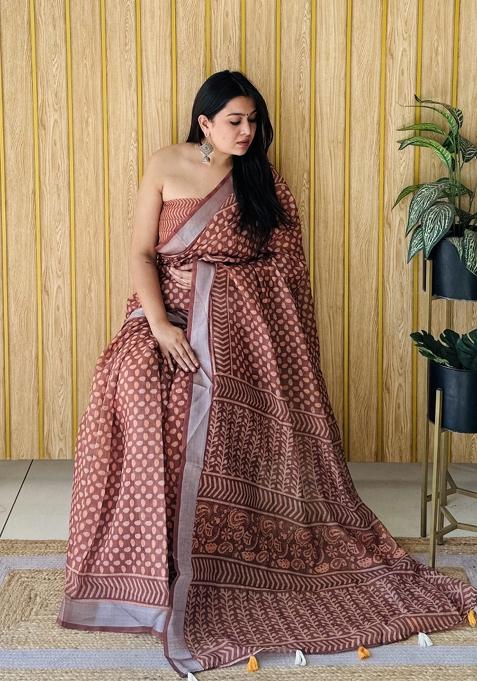 Linen Saree - Brown