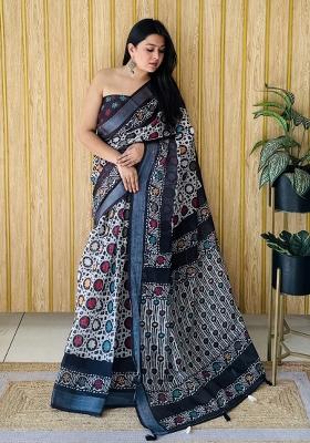Grey Printed Linen Saree Set