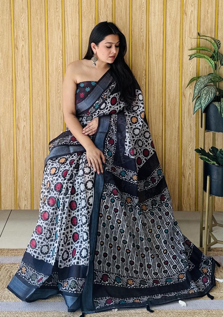 Grey Printed Linen Saree Set