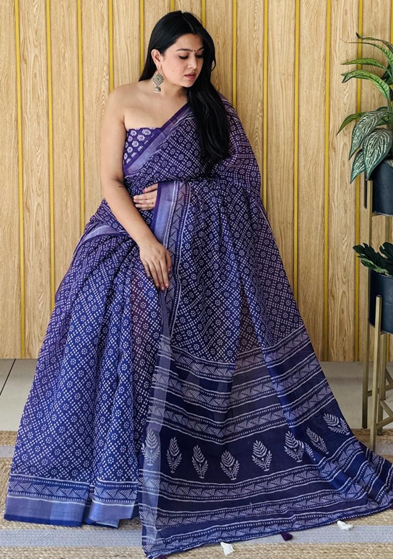 Lavender Printed Linen Saree Set